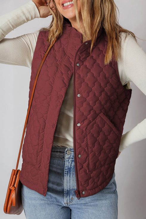 Stand Collar Flower Quilted Snap Button Zip Vests